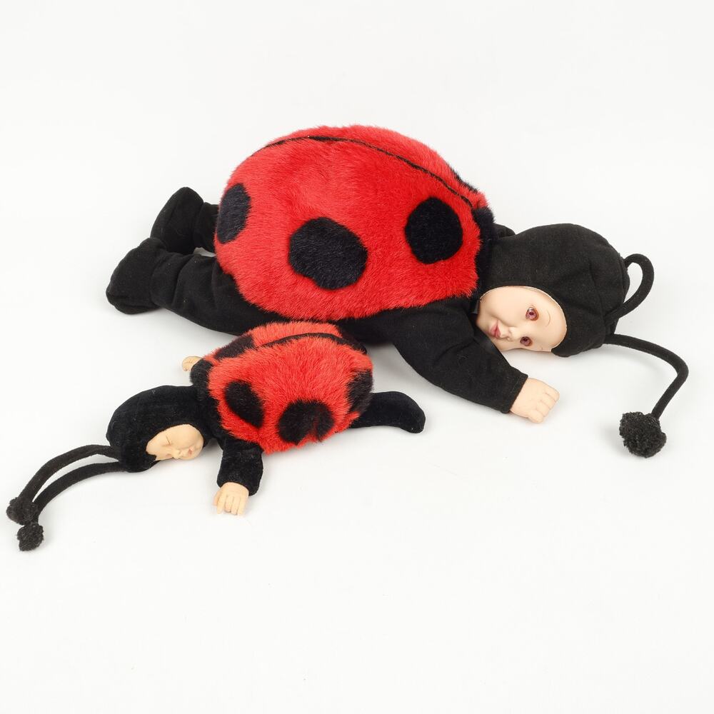 Lot of 2 Vintage Anne Geddes Ladybug Baby Dolls Plush Bean Filled Sleeping 1997